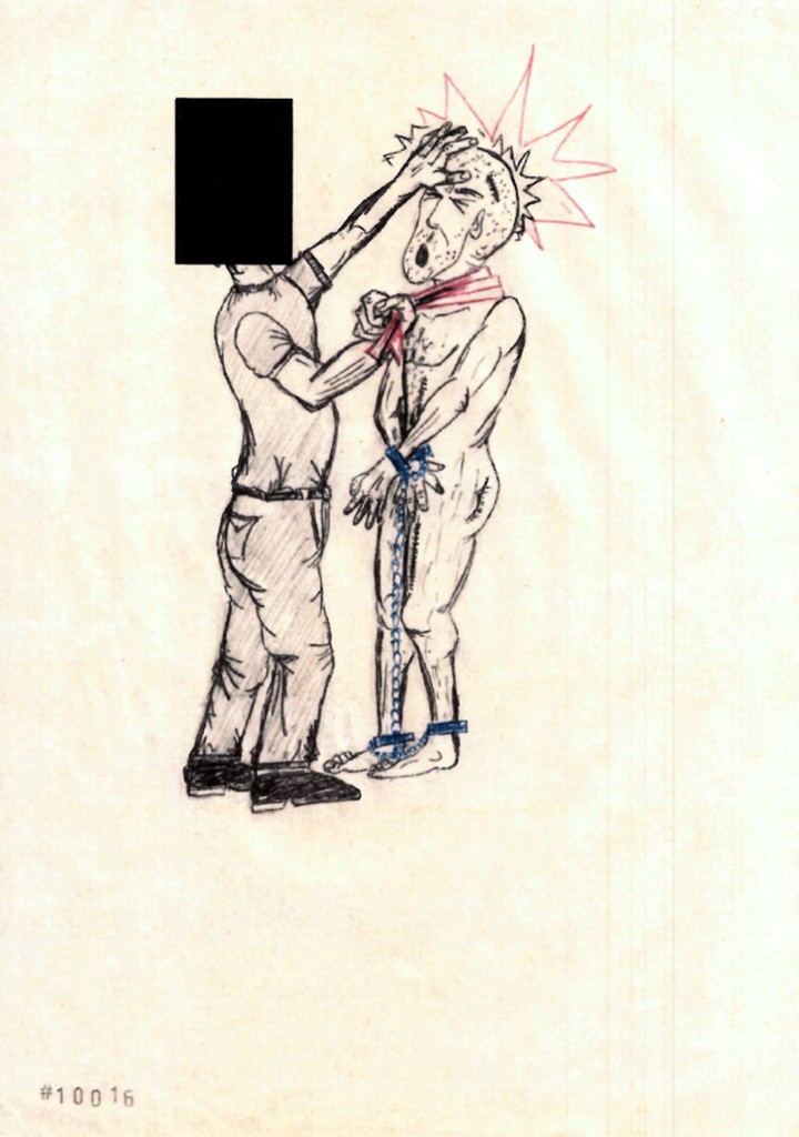 La técnica de tortura denominada "amurallamiento", dibujada por el preso de Guantánamo Abu Zubaydah. (Abu Zubaydah, cortesía de Mark P. Denbeaux vía The New York Times)