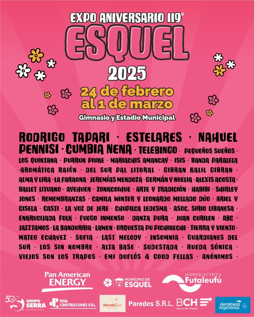 Artistas locales y nacionales que se presentan en el aniversario 119° de la ciudad Esquel